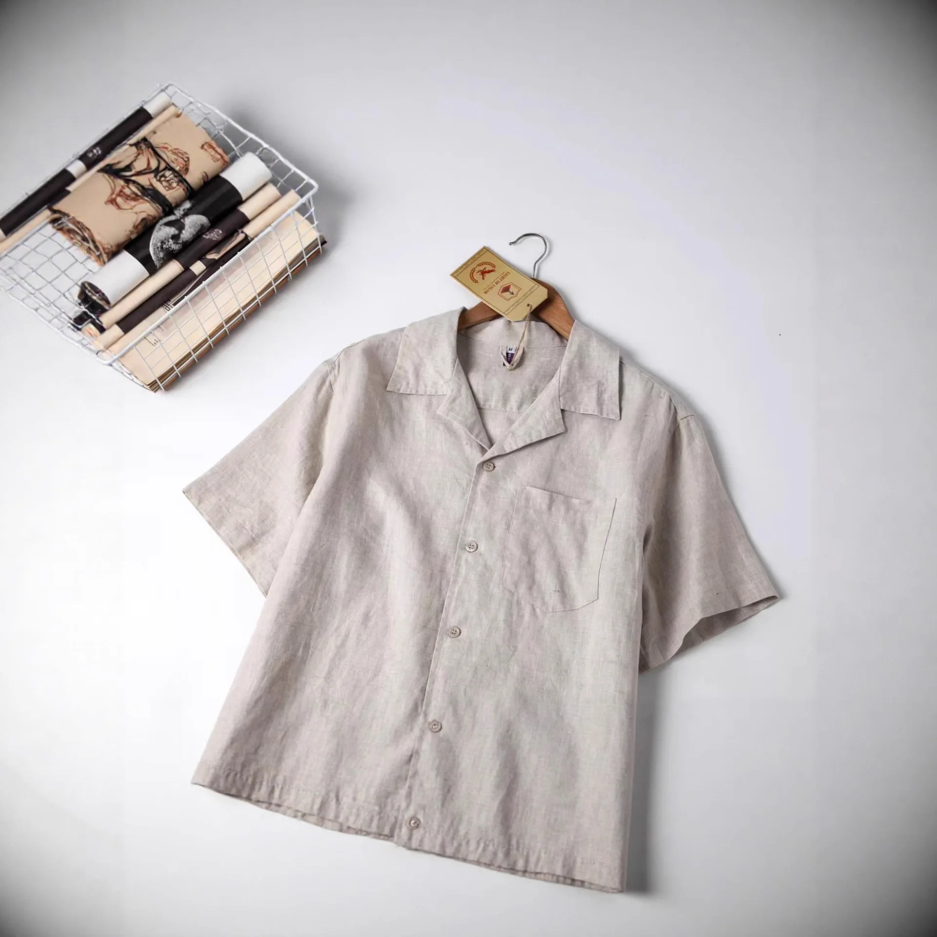 Men's Summer Casual Loose Fit Short Sleeve Linen Shirt Fashionable Breathable Comfortable Solid Color Outerwear