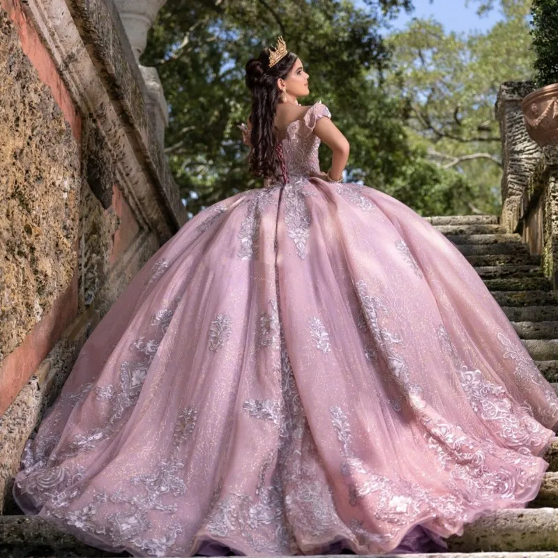 Lorencia quinceanera rosa brilhante vestido de baile do ombro, 16 doces, festa do XV anos, vestido mexicano, 2023, YQD433