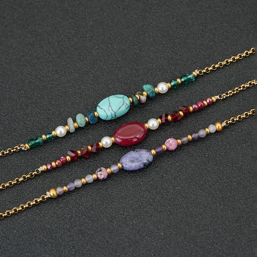 رائعة الحجر الطبيعي سوار مُزين بالخرز للنساء قابل للتعديل سلسلة ذهبية اللون الهندي العقيق كريستال أنيقة مجوهرات الحفلات هدية