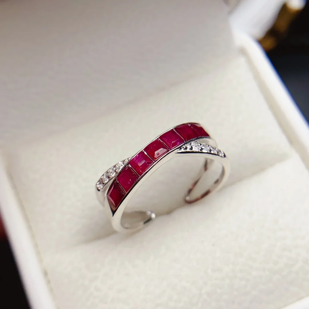 Natural Ruby Ring 3x3mm Adjustable, S925 Silver Inlaid Red Gemstone Jewelry