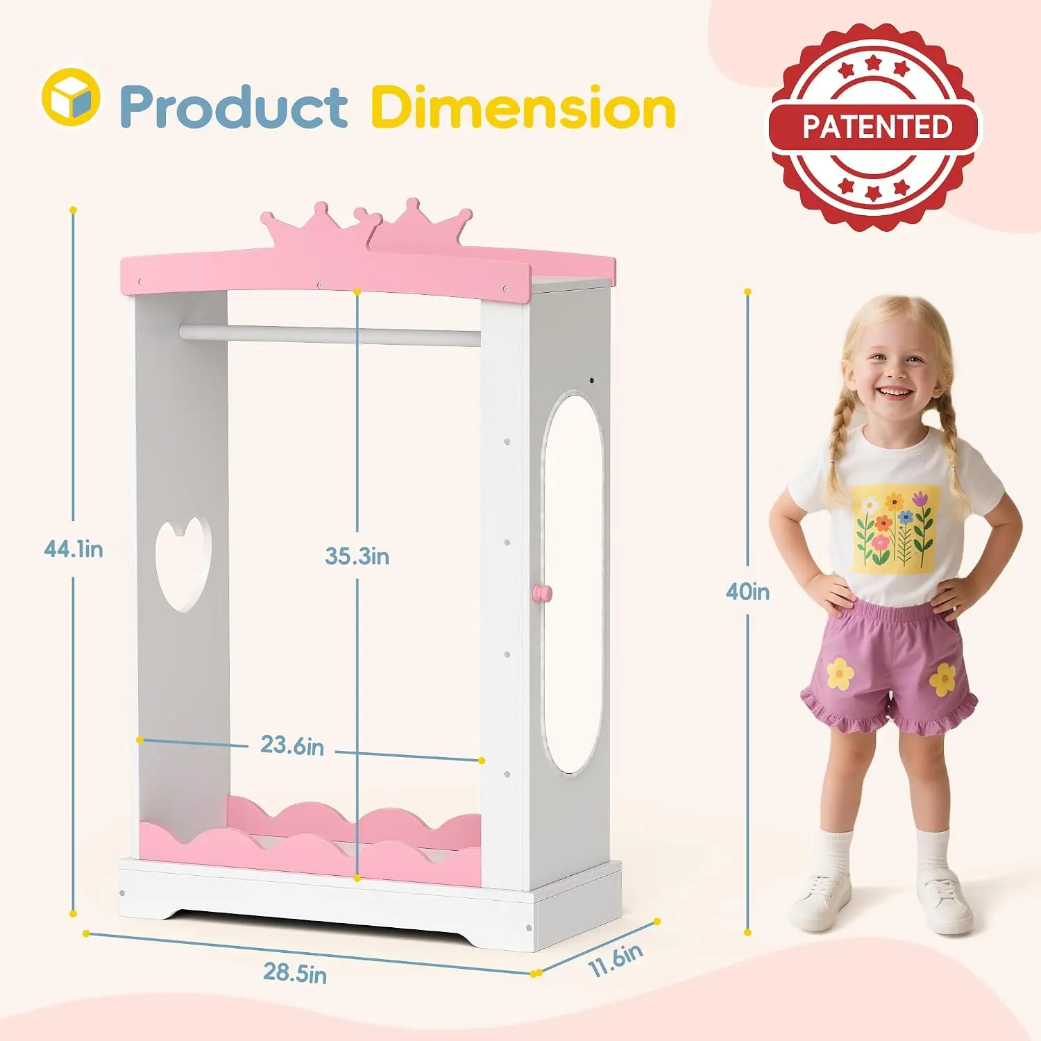 Wardrobe with Light Mirror & Jewelry Cabinet, Wooden Pretend Play Armoire with Crown Storage for Girls Room, Customized
