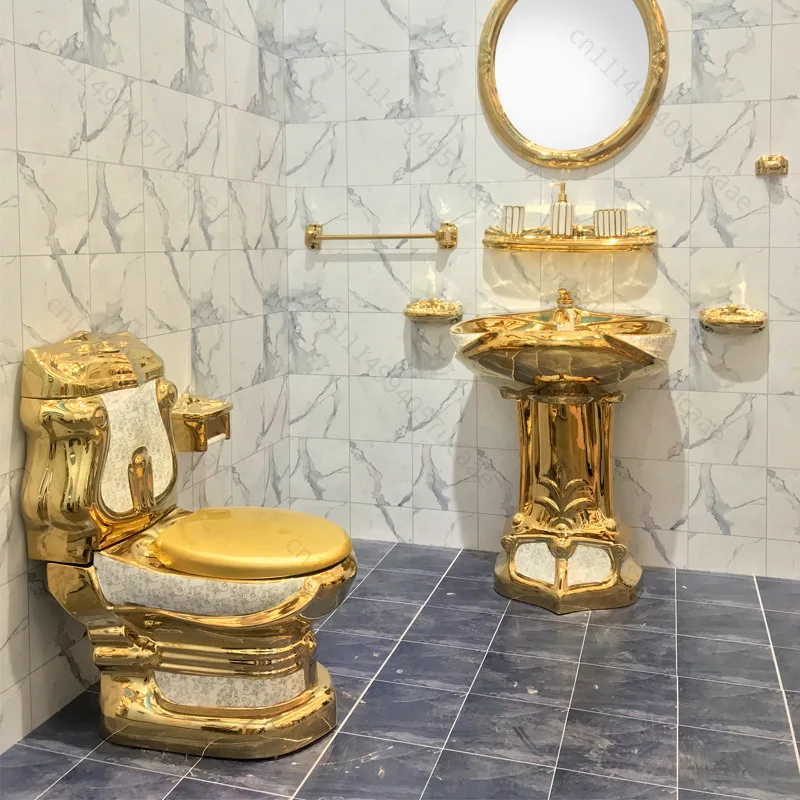 High Quality Luxury Design Plating Gold Color Bathroom Royal Ceramic Two Piece Toilet Bowl Set