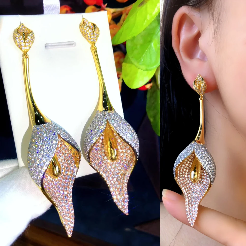 Missvikki Luxury Lily Flower Dangle Earrings for Women Girl Party Fashion Full Cubic Zirconia Pave Super Bridal Jewelry Gift