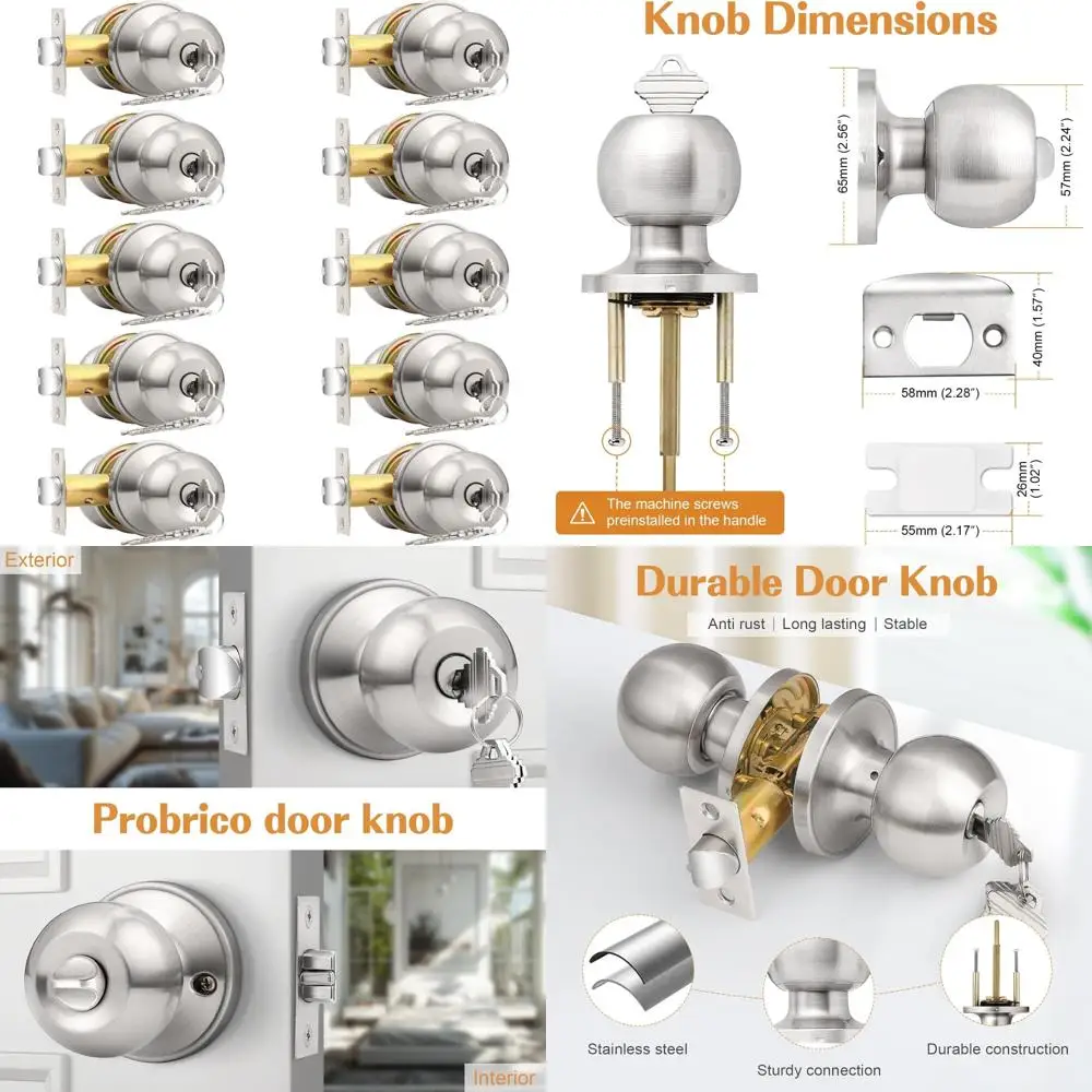 

10-Pack Keyed Alike Entry Knobs with Keys, Brushed Nickel Ball Door Knobs, Entrance Lockset, Single Cylinder Door Lock, Secure H