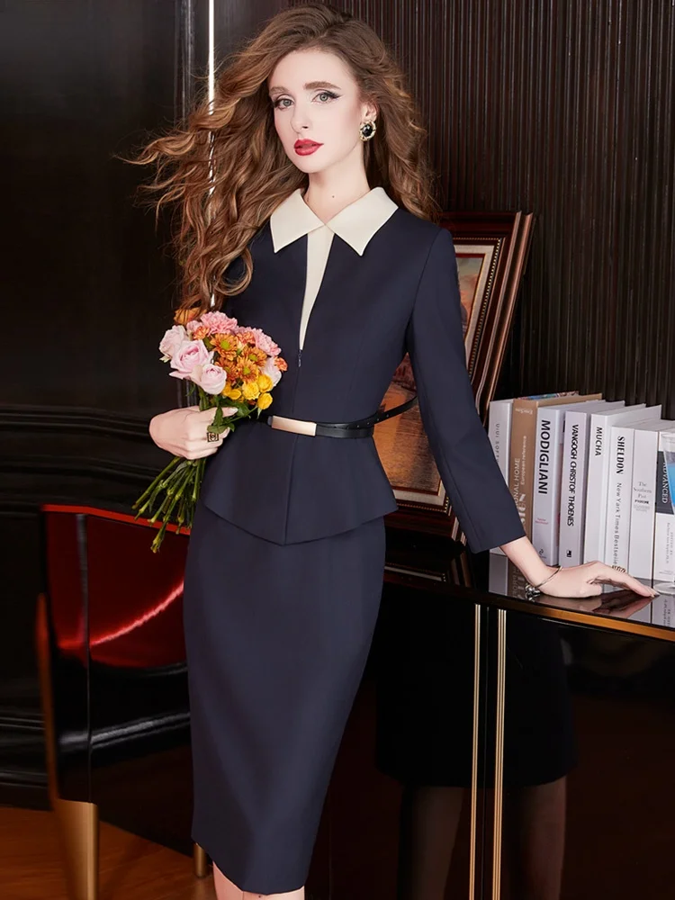 Elegant Simple Waist-Cinching Shirt Dress Women's Autumn Vintage High-End Feeling One-Step Skirt  Collar Zipper Back