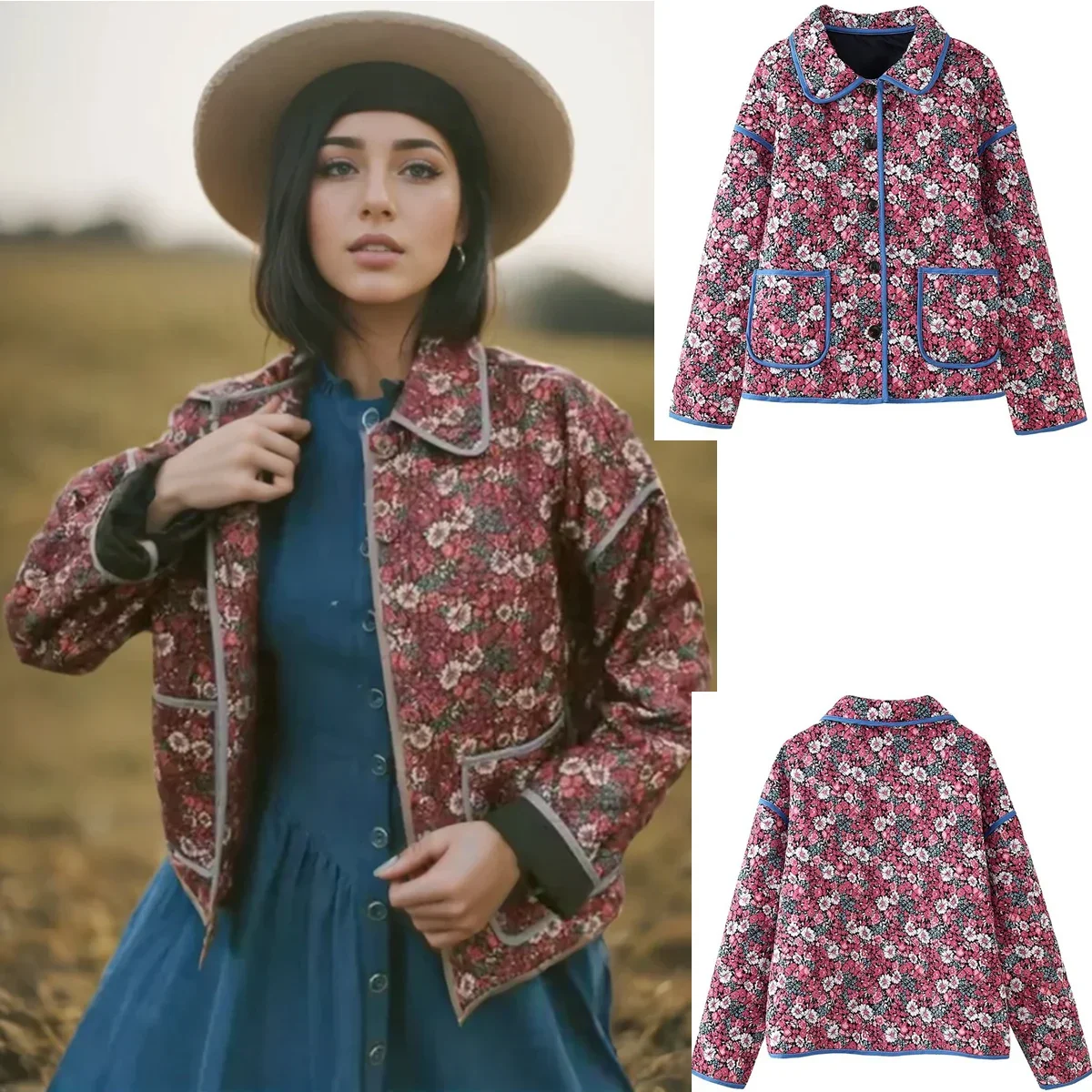 Women Casual Flower Print Stand Collar Jacket Pocket Long Sleeve Female Coat Autumn Vintage Lady Outwear Printed Padded Coat