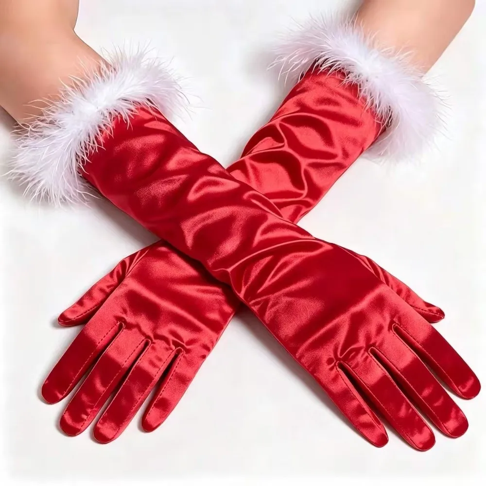 Stylish Satin Material Satin Long Gloves Feather Trim Long Style Elbow Length Gloves Elbow Length Feather Trim Gloves Cosplay