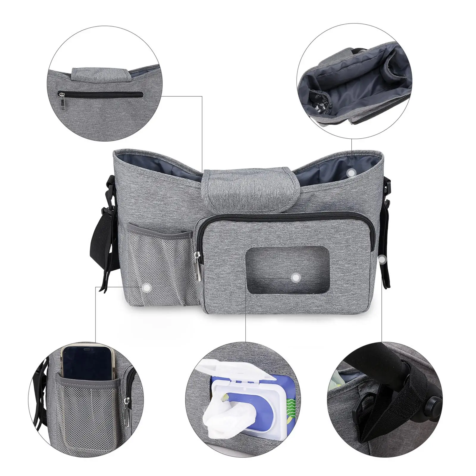 Universal Stroller Organizer Bag Water Resistant Shoulder Strap for Buggy