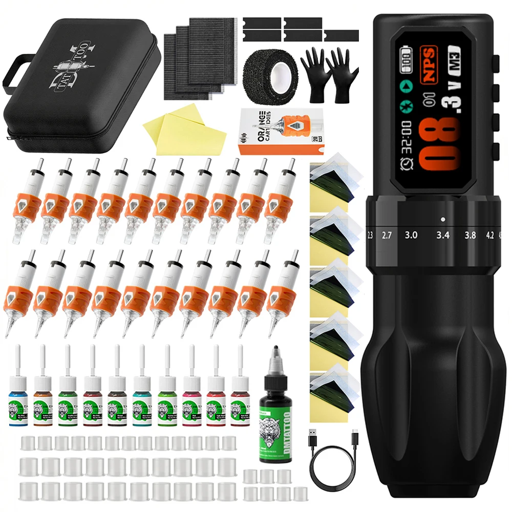 Professional Tattoo Machine Kit Wireless Adjustable Stroke Tattoo Pen Coreless Brushless Motor With Tattoo Ink Cup Tattoo Needle