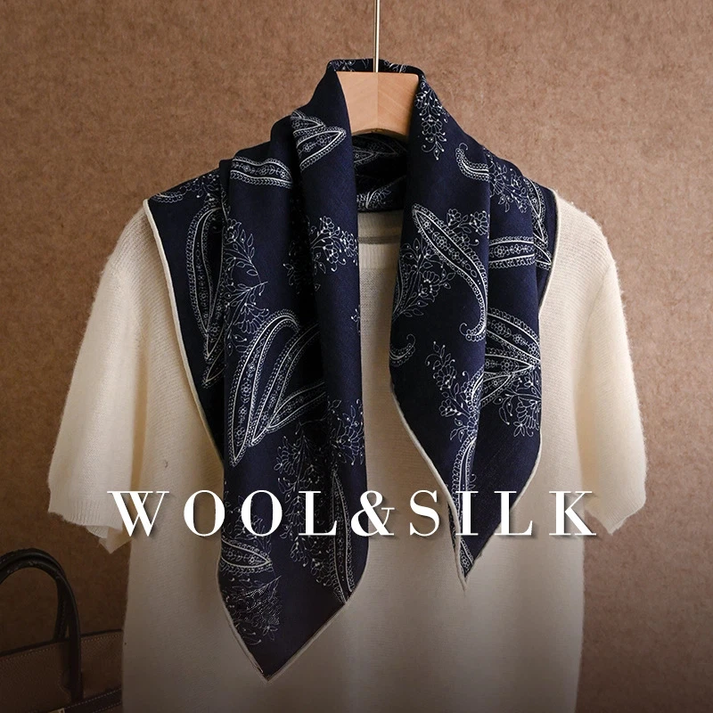 2027 Silk Wool Blend Square Scarf for Women, Navy Blue White Paisley Foulard Scarf, Soft Luxury Brand Neck Bandana Headscarves