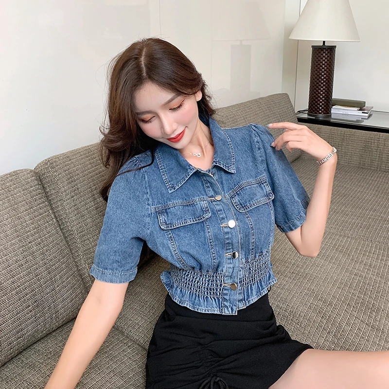 

2024 Summer New Women Denim Tops Short Sleeve Jacket Niche Design Turn Down Collar Single Breasted Elastic Waist Short Tops