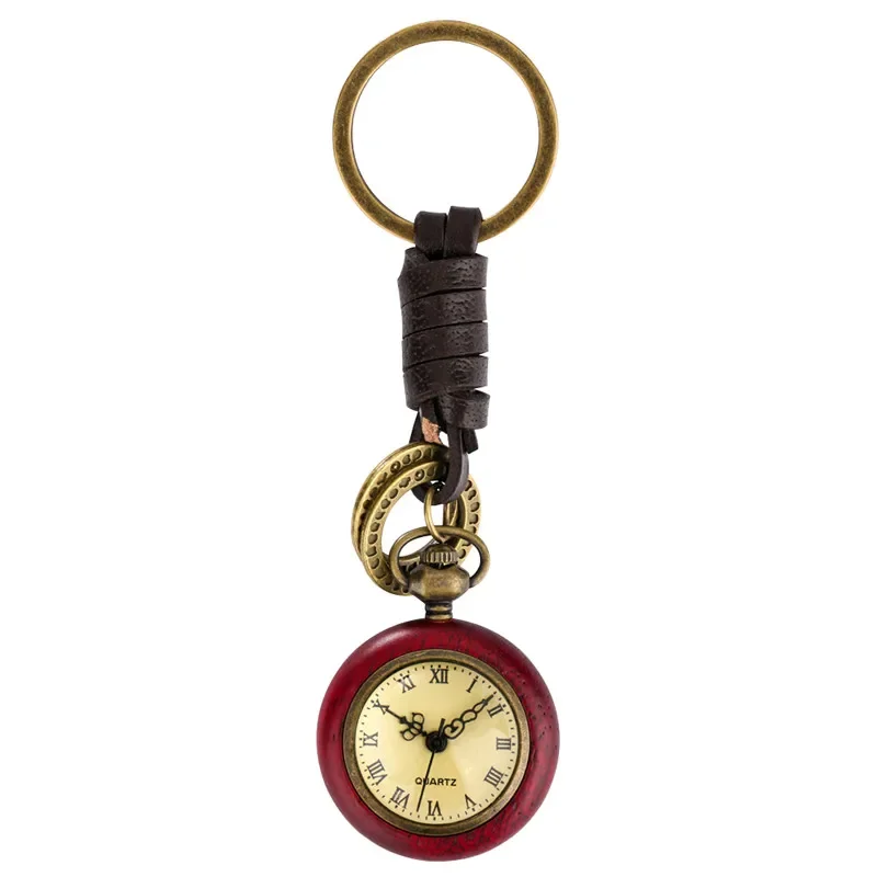 Retro Red Wood Case Roman Number Display Pocket Watch Quartz Movement Portable Key Ring Design Clock for Men Women Timepiece