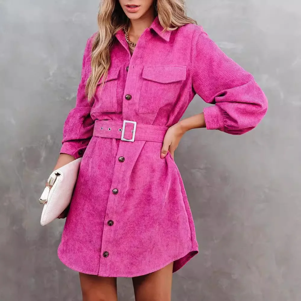 

Autumn Women Solid Color Dresses Fashion Elegant Single-breasted Long Sleeve Turn-down Collar Temperament Slim Lady Dress