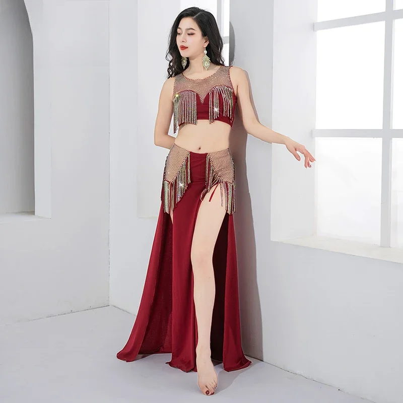 

Belly Dance Practice Suit for Women Oriental Dance Outfit Stretch Joint Nude Mesh Top Long Ruffled Skirt with Shimmy Fringes