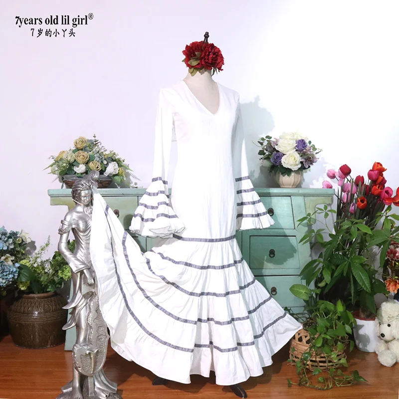 white Retro Palace Mermaid Prom Dresses Long Sleeves Flamenco Dress for Women Party Gowns  GT07