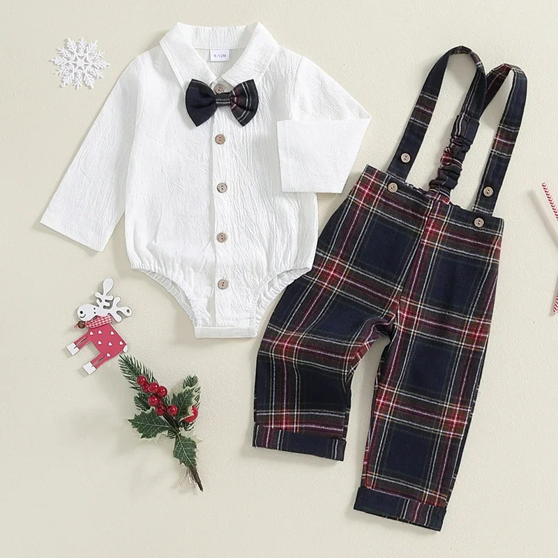 Baby Boy Gentleman Outfits Long Sleeve Lapel Romper  Plaid Suspender Pants  Bow Tie 3Pcs Sets Boys Christmas Formal Clothes