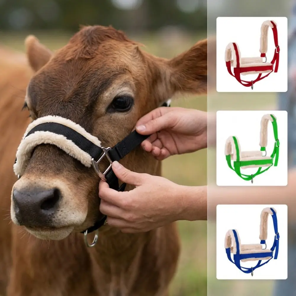 Plush Nylon Cow Halter Adjustable with Long Lead Rope Halter Lead Rope Set Comfortable Durable Animal Training Harness Ranch Use