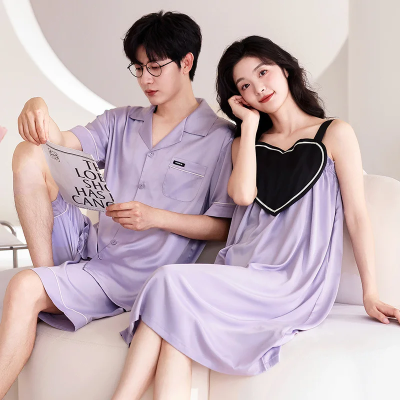 Couple Pajamas Women Summer Nightdress Men's Cardigan Short sleeve Pijamas Suit Young Boy Girl Homewear 2024 Ice Silk Loungewear