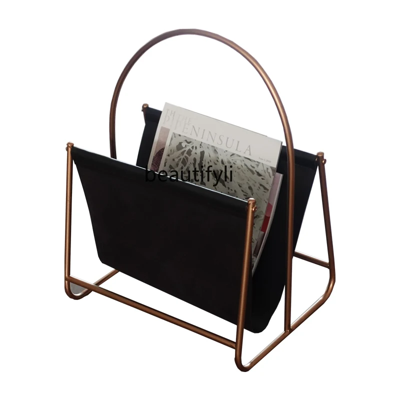 Magazine Rack Black Gold Light Luxury Texture Leather Metal Floor Storage Book Shelf