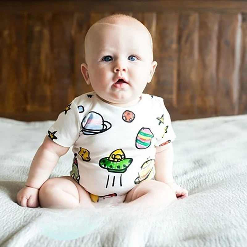 Baby Bodysuit Short Sleeve Summer Romper Cotton Newborn Unicorn/Cosmic Print Triangle Jumpsuit Infant Breathable Clothes