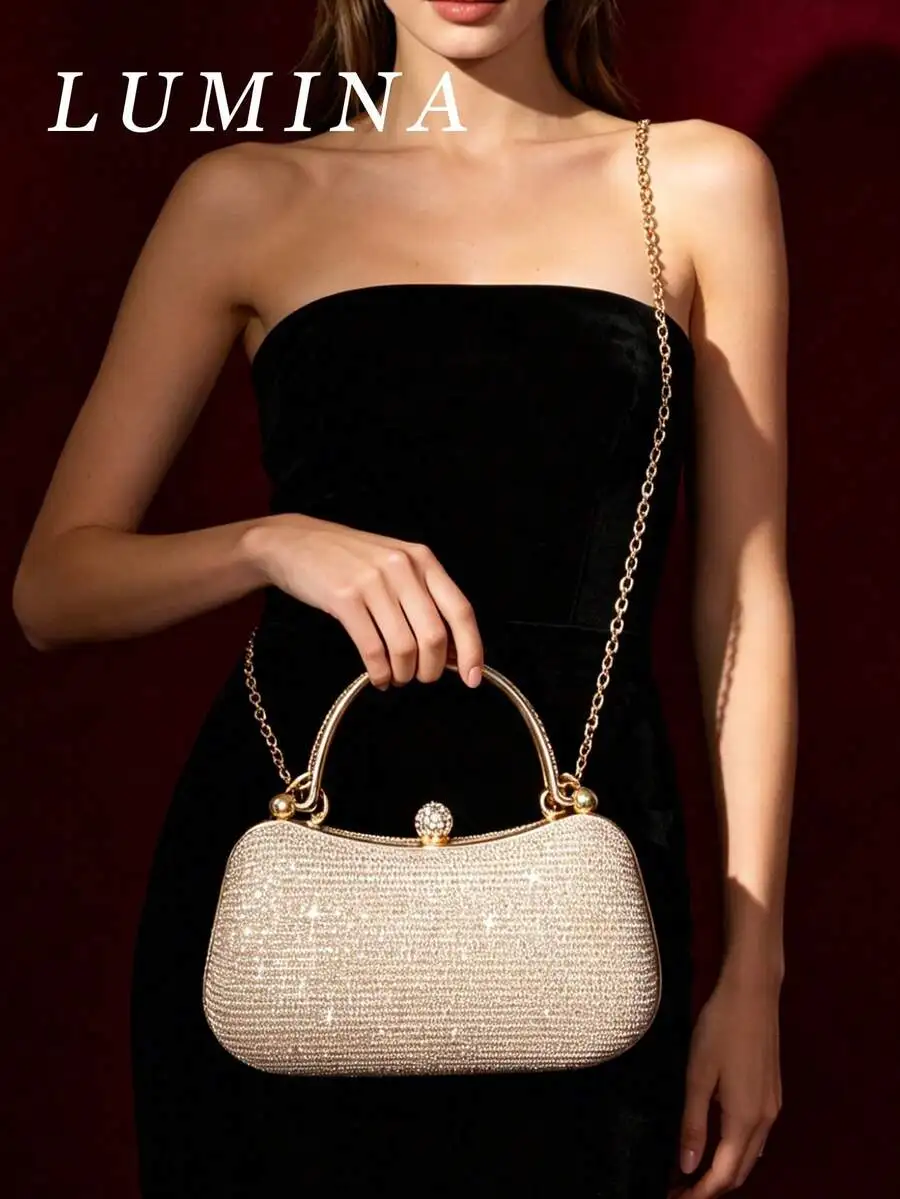 

Luxury Crystal-Embellished Mini Box Clutch With Gold Chain Strap For Evening Wedding Prom Party Events