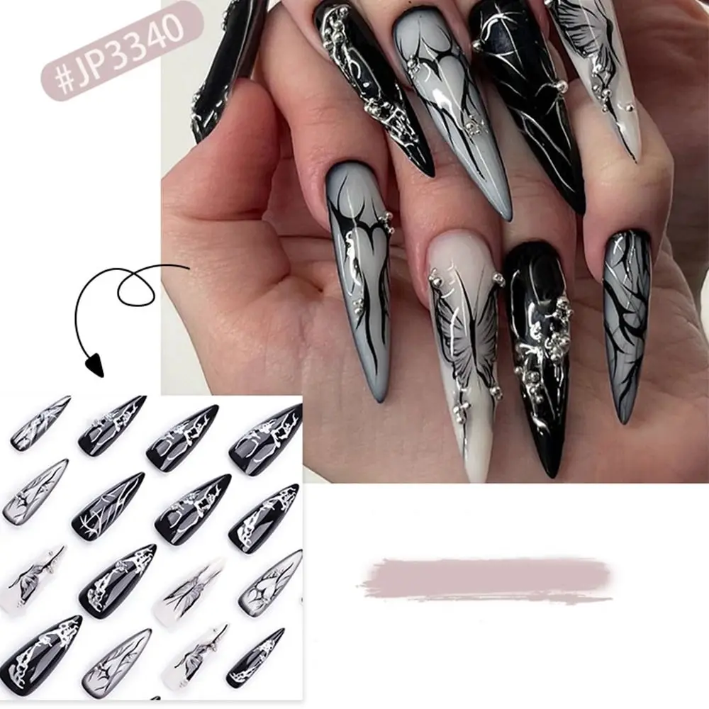 Dark Punk Press on Nails Black Silver Pearl butterfly Long Almond Shaped False Art Nails Manicure Accessories Fake Nails Tip