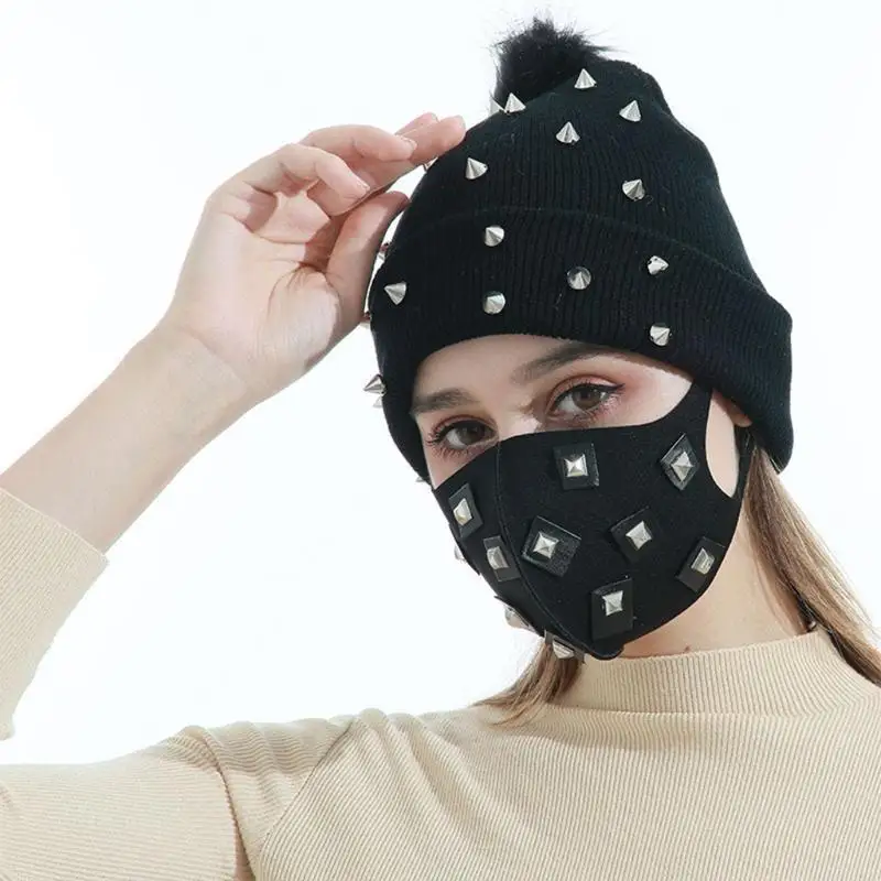Punk Knitted Beanie Hat Black Acrylic Hat Rock Hiphop Winter Soft Warm Pom Bobble Knit Acrylic Cap for Women 964A
