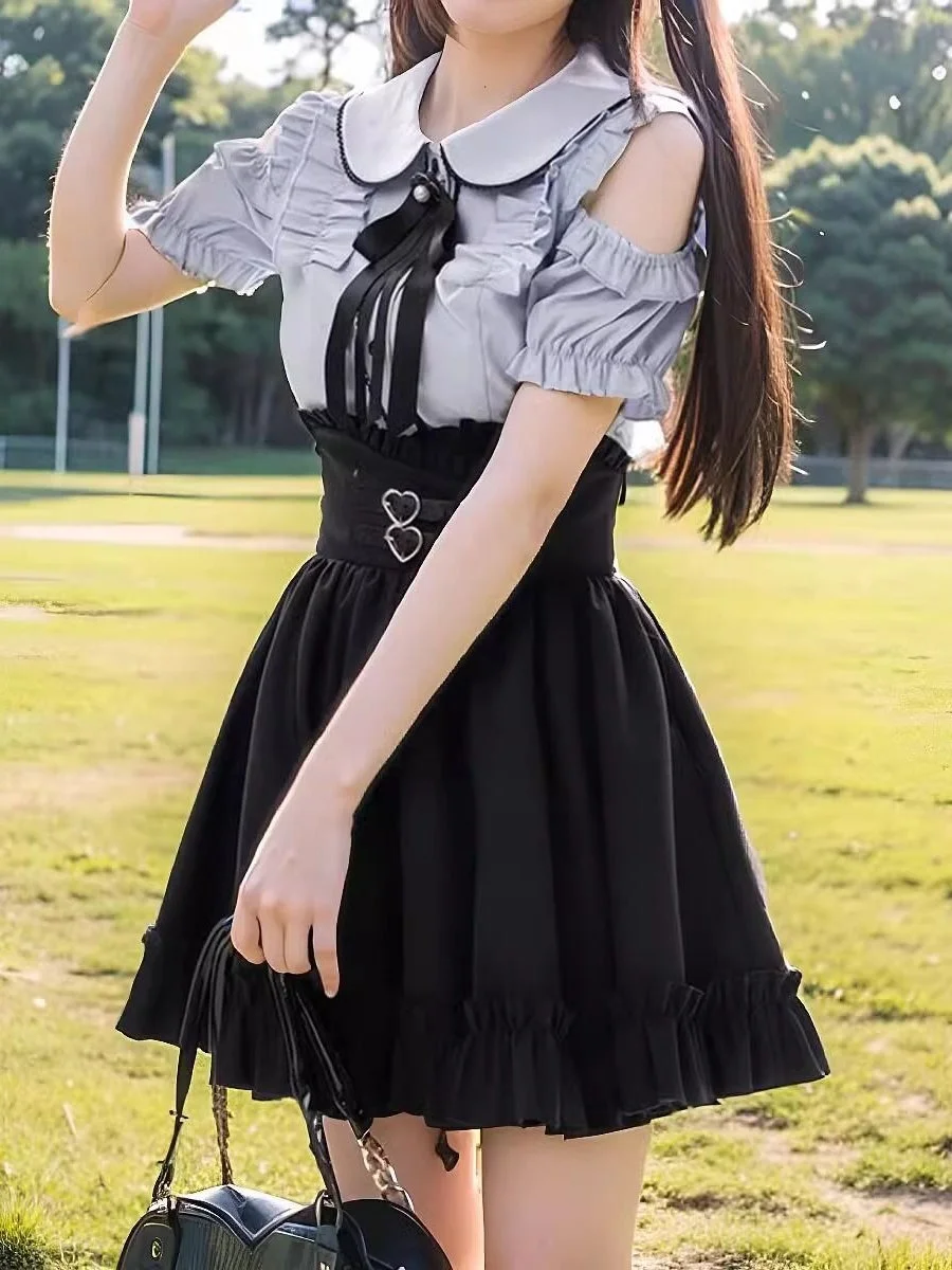 

oulder Bared irt Waist Cinching Doll Collar Women's Faion Set with Ruffle Hemmed Skirt Sweet Summer Outfit