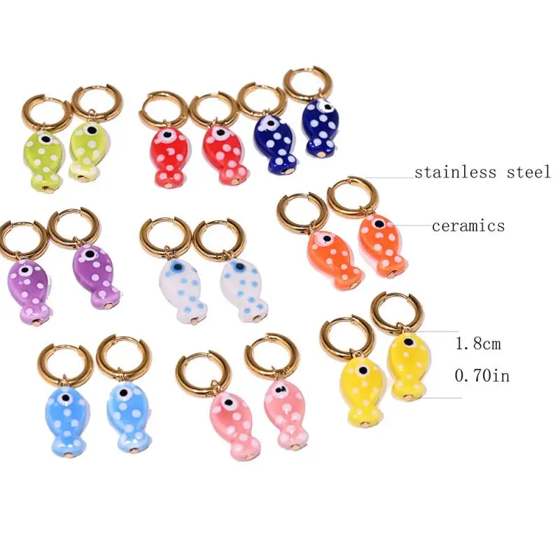 1 زوج الكرتون لطيف السيراميك الأسماك قلادة الذهبي هوب أقراط للنساء موضة تنوعا الأذن مشبك مجوهرات اكسسوارات هدايا #6