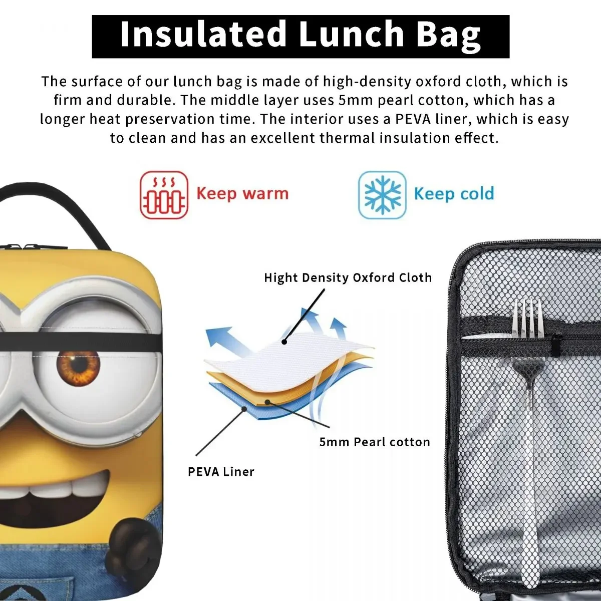 Minions Bob Insulated Lunch Bag Cooler Bag Lunch Container Large Tote Lunch Box Girl Boy School Picnic