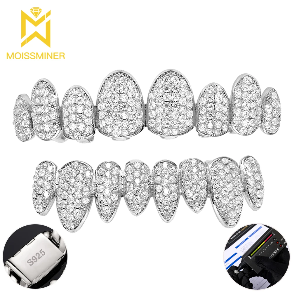 

VVS Moissanite Teeth Grillz S925 Серебро Настоящие бриллианты Bling Зубные грили для мужчин и женщин Высококачественные ювелирные изделия Пройти тест Бесплатная доставка