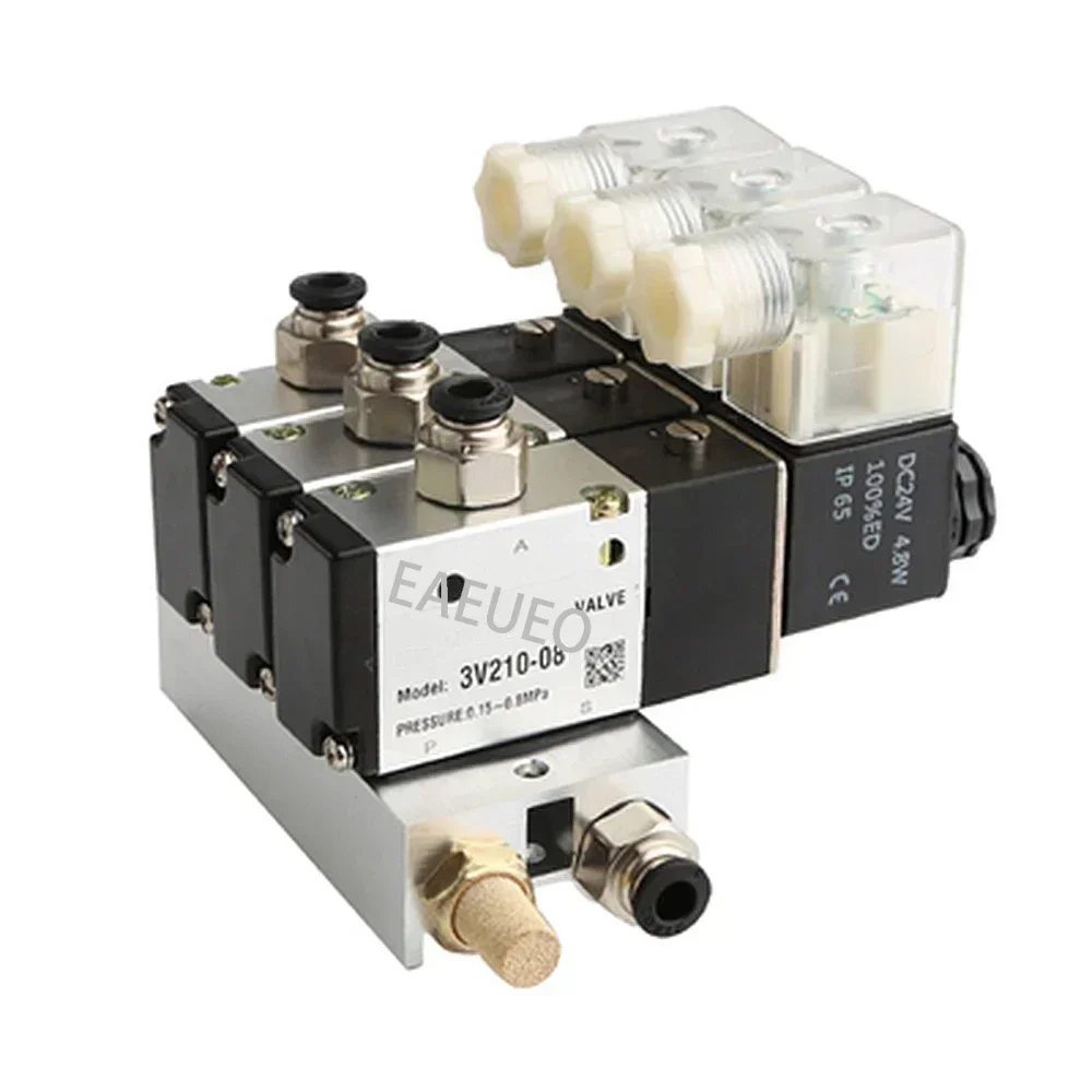 

220V 24V Multi Option 3V210-08 Pneumatic Solenoid Valve Block With Muffler Fitting Base Manifold 2/3/4/5/6 Row 3 Port