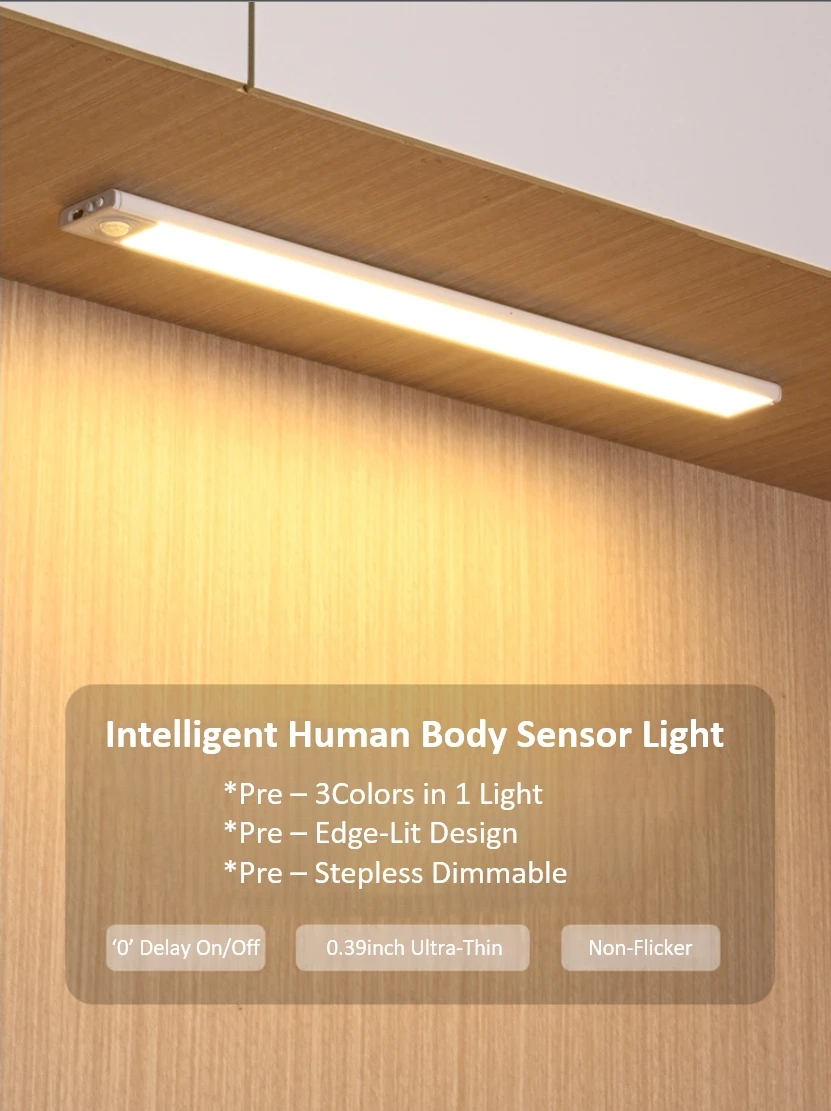 

Edge-lit Ultrathin Rechargeable Motion Sensor Intelligent LED Under Cabinet Night Light for Closet Kitchen Stairs Cabinet Drawer