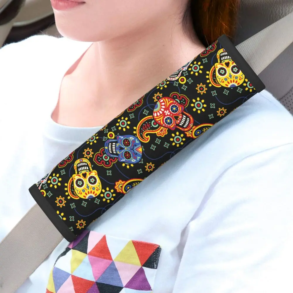 Sugar Skull Print  Pattern Design Suitable for Car Seat Belt Covers, Shoulder Bags, Backpacks, and Protective Covers