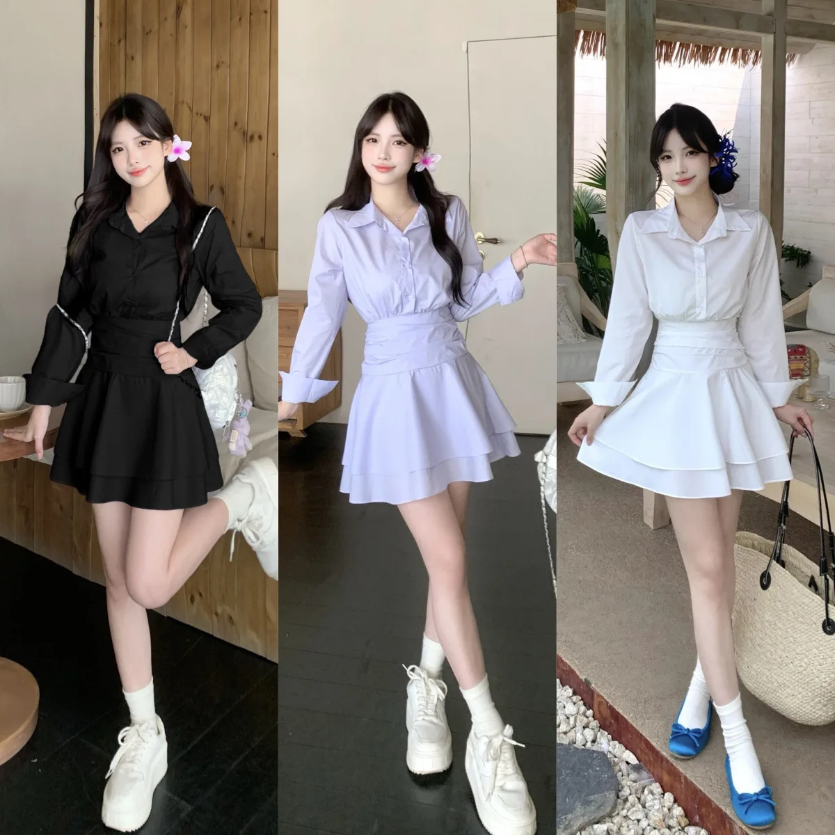 Autumn French Women's White Long Sleeve Shirt Lapel Button Down Ruched Waist Tiered Layered Mini Bust Flattering A-line Dress