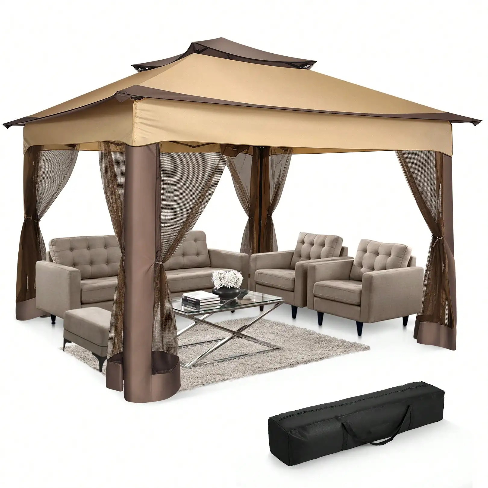 tooluck 10x10ft Pop Up Canopy Gazebo Tent Outdoor Pavilion Waterproof Portable Gazebo One Push Center Lock With Mosquito Net Double Ventilated Roof And Carrying Bag For Yard Garden,Brown