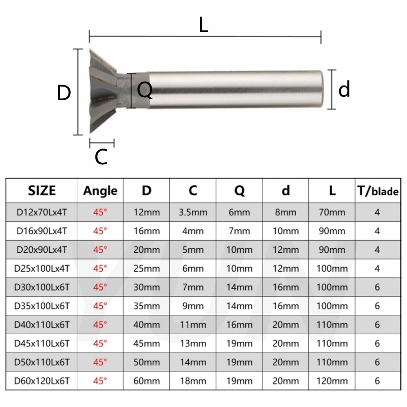 Dovetail Milling Cutter 45 Angle 60 Angle T-slot Milling Cutter D12-60mm Welding Insert Tungsten Carbide Tools CNC Machine Tool
