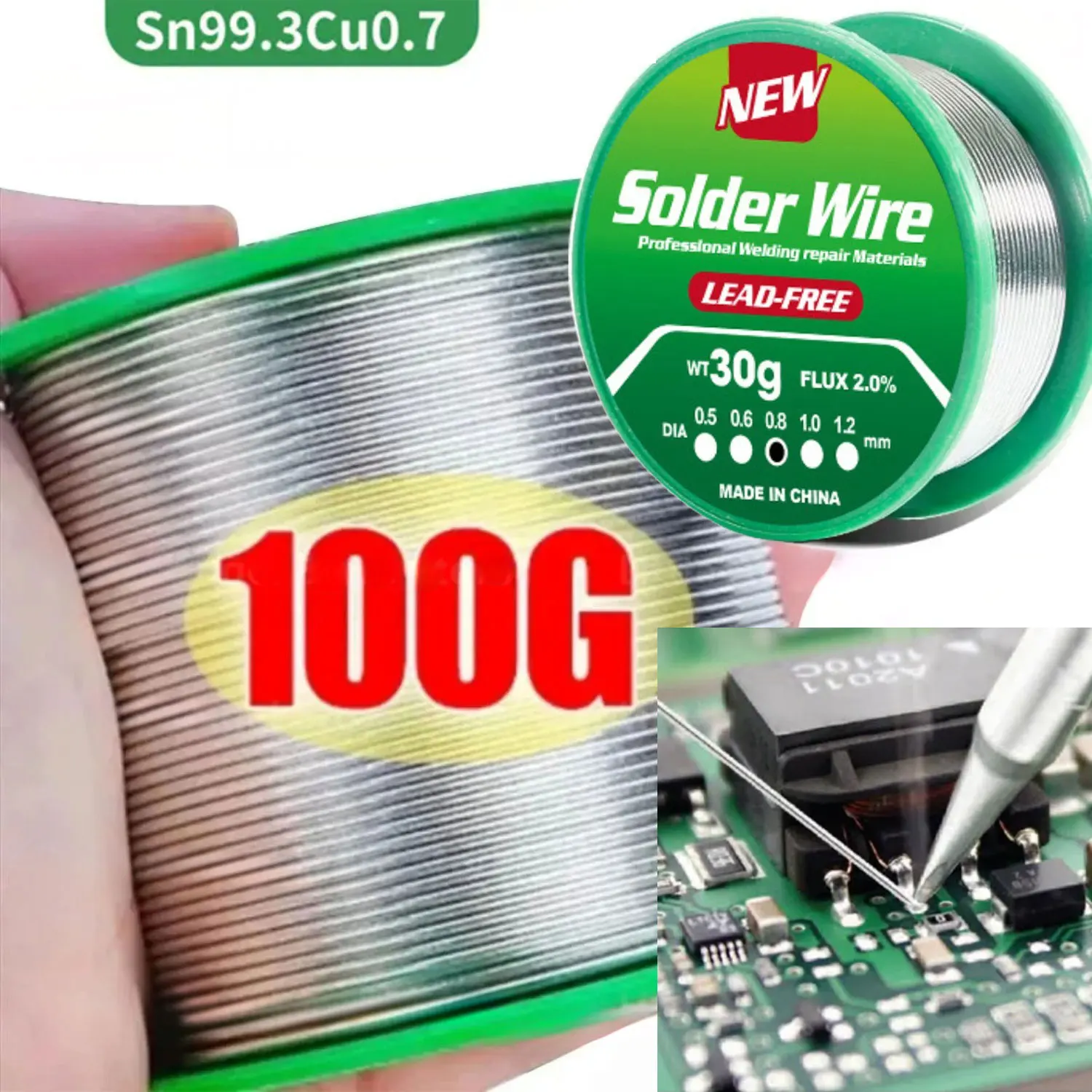 20g/30g/50g/100g Low Melting Point Lead-Free Solder Wire Coil Sn99.3/Cu0.7 High Purity Soldering Wire Rosin Core Tin 0.8mm 1.0mm