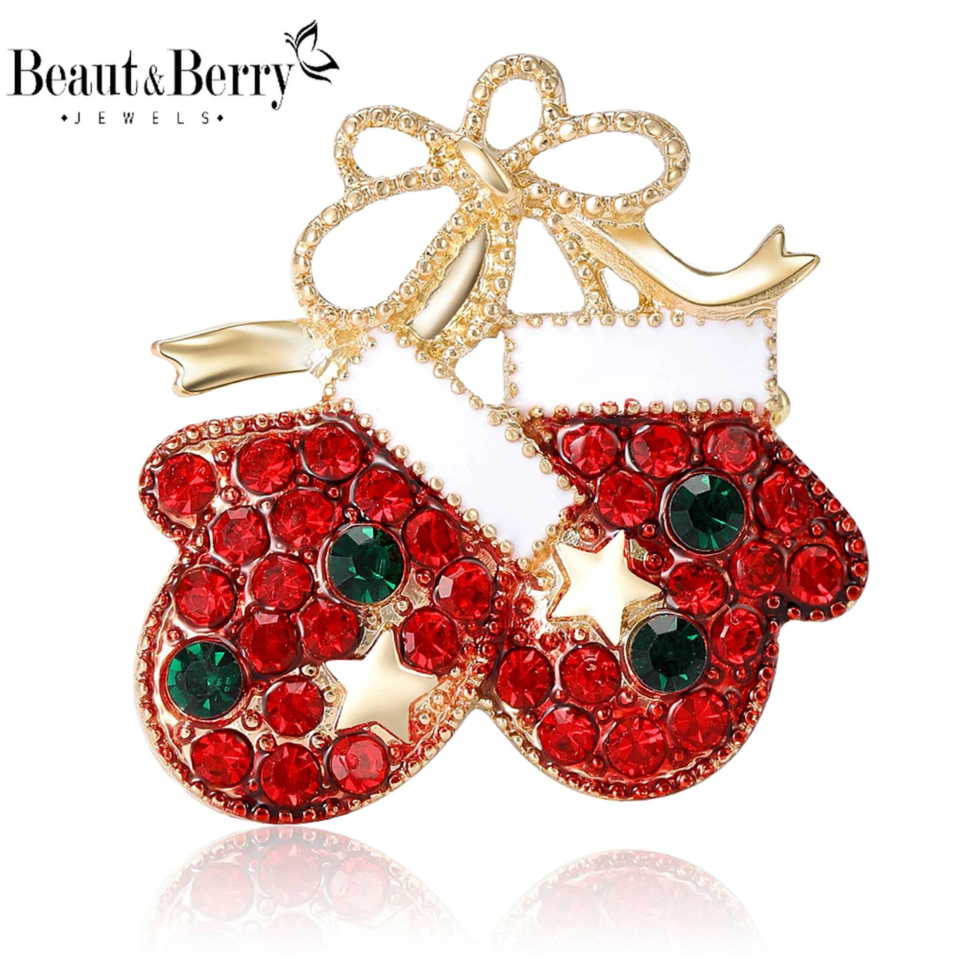 Beaut&Berry Classic Christmas Rhinestone Glove Brooches for Women Decorative Pins Casual Party Accessories New Gifts Friends