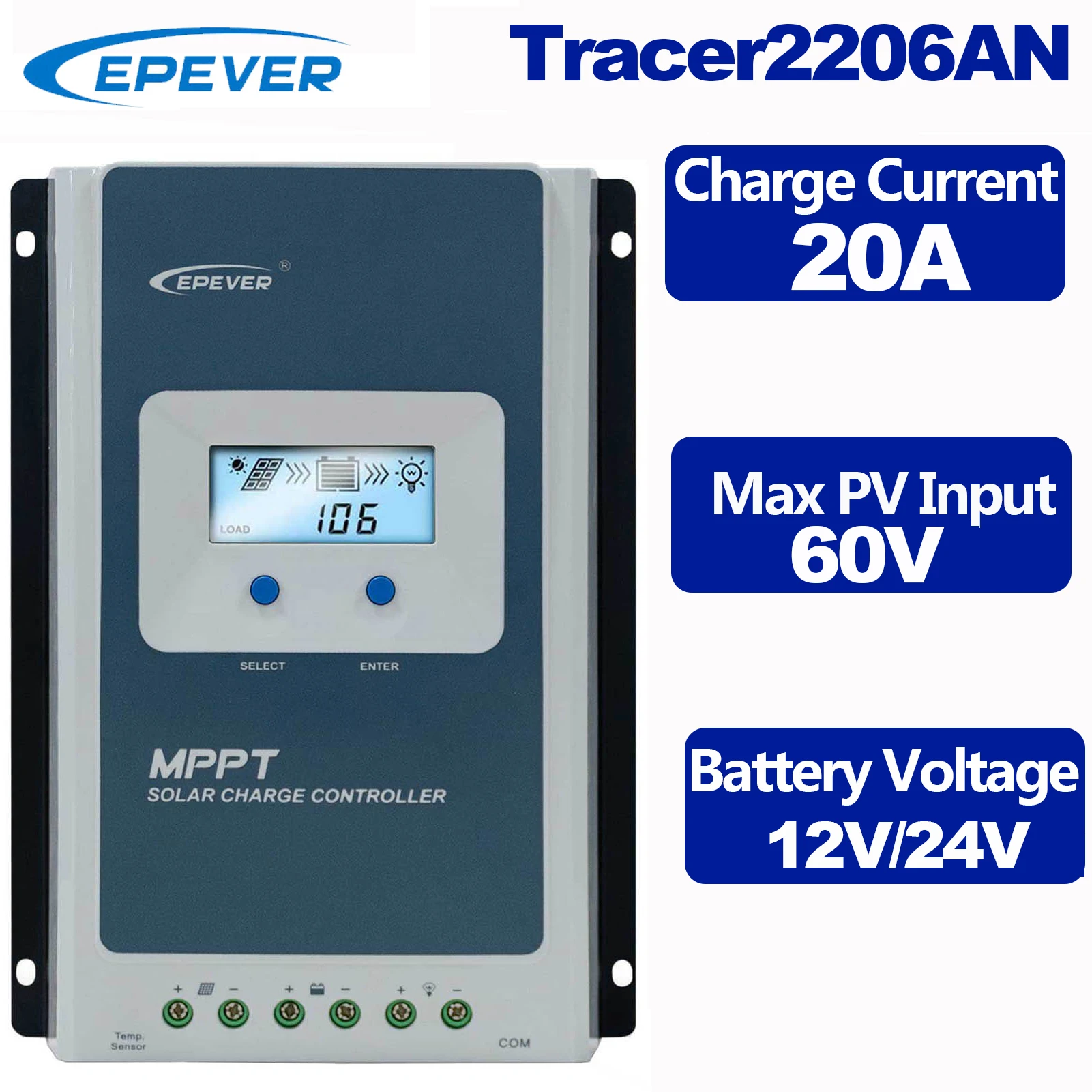 EPEVER 20A MPPT Solar Charge Controller Battery Voltage 12V 24V Max PV Input 60V