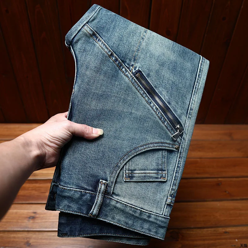 Pantalones vaqueros de estilo callejero para hombre, jeans de motocicleta con diseño de cremallera, moda salvaje, elásticos, ajustados, retro, 2024