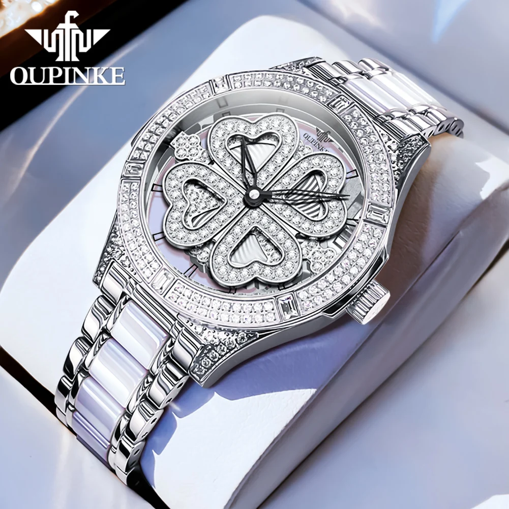 

OUPINKE High Quality Luxury Women's Watch Fashion Waterproof Ceramic Band Elegant Diamond Bracelet Necklace Women Watch Gift Box