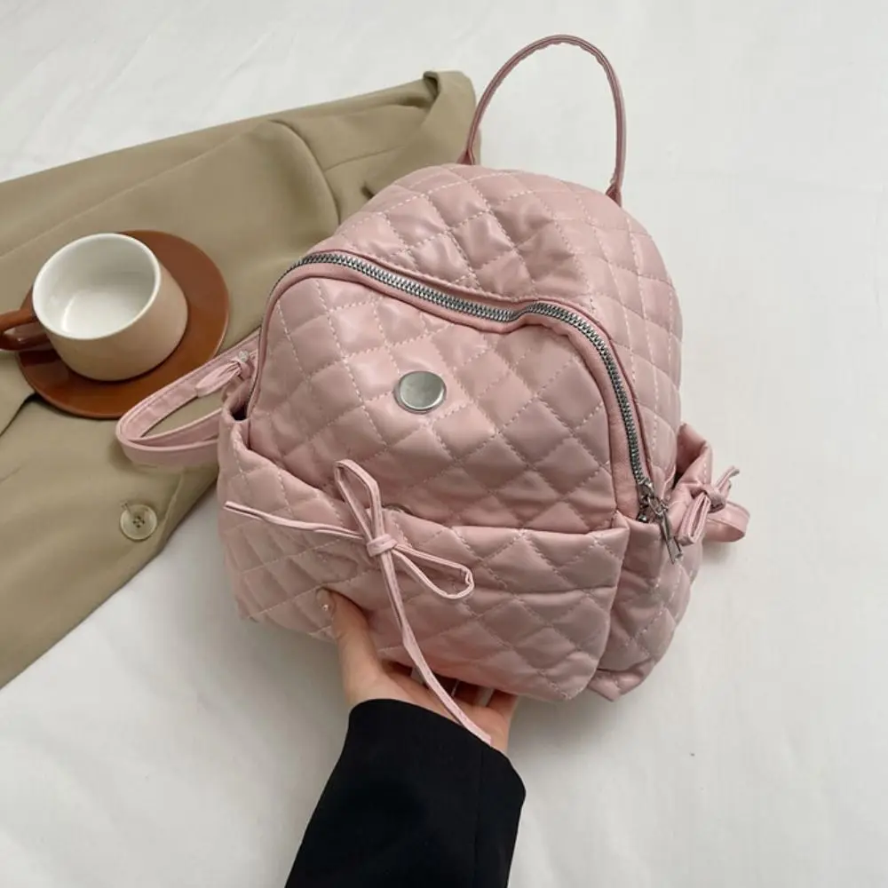 

Small Korean Style Lattice Leather Backpack Top Handle Sweet Y2k Shool Bag Bow Solid Color Casual Knapsack Women