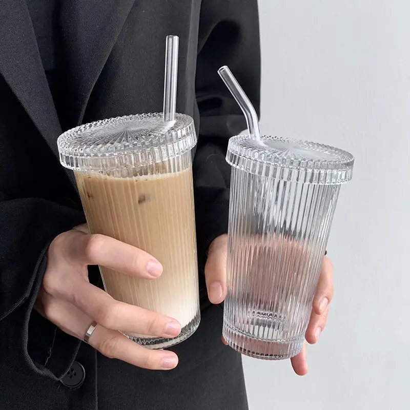 375ML Stripe Glass Cup With Lid and Straw Transparent Tea Cup Glasses Beer Can Milk Juice Cups Coffee Mug Drinkware Dessert Cup