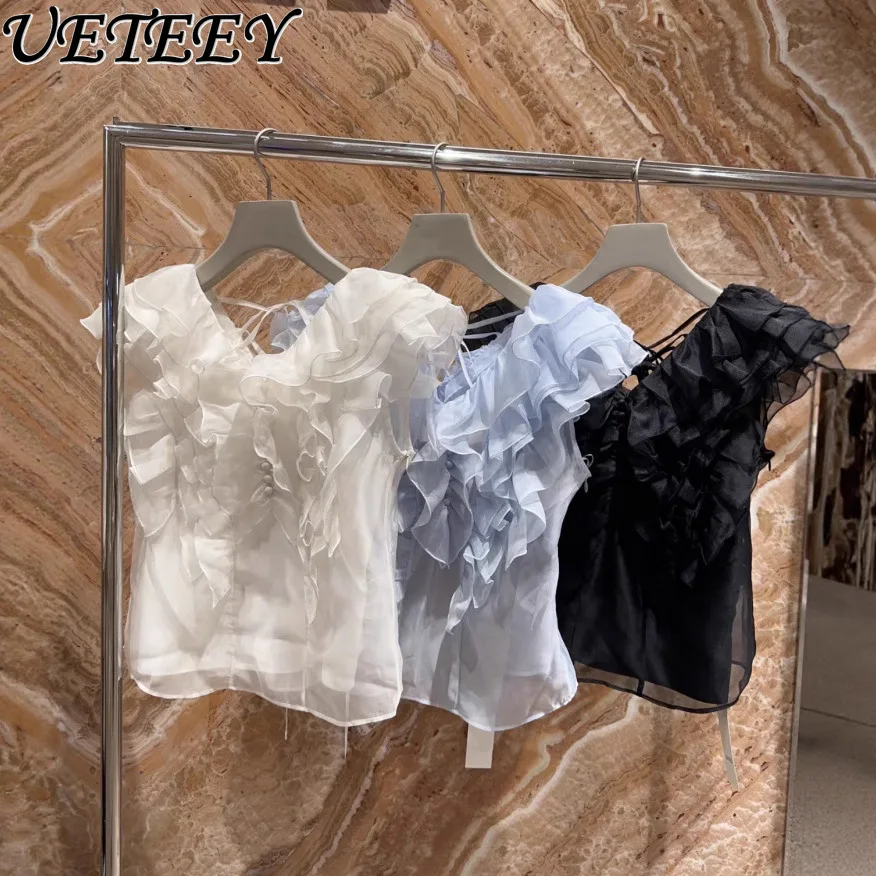 

Summer New Versatile Sleeveless Shirt Japanese New Fungus Edge Ruffle Edge V-neck Fairy Organza Tops Solid Color Blouse