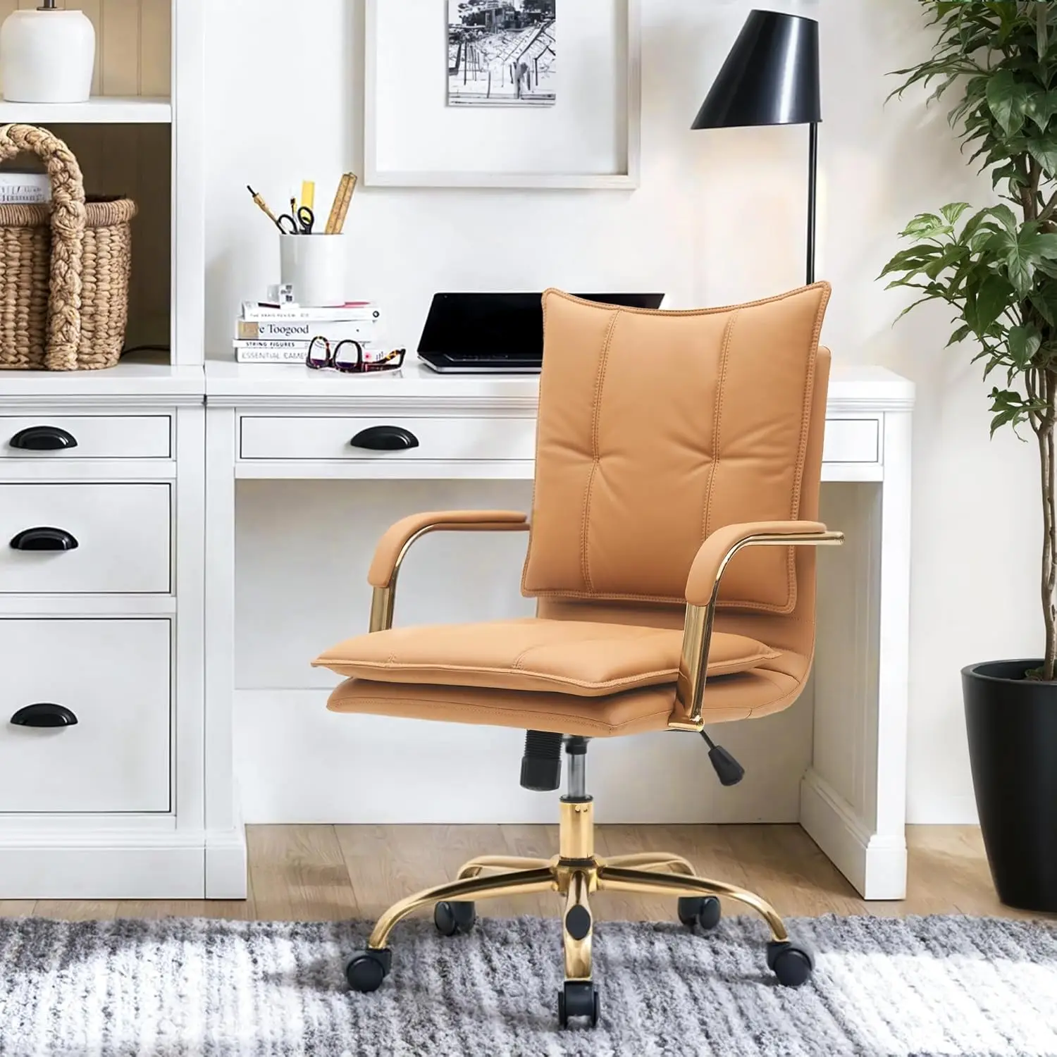 Leather Home Office Desk Chairs Comfy Office Chair, Mid-Back Adjustable Swivel Computer Chair with Golden Legs and Arms