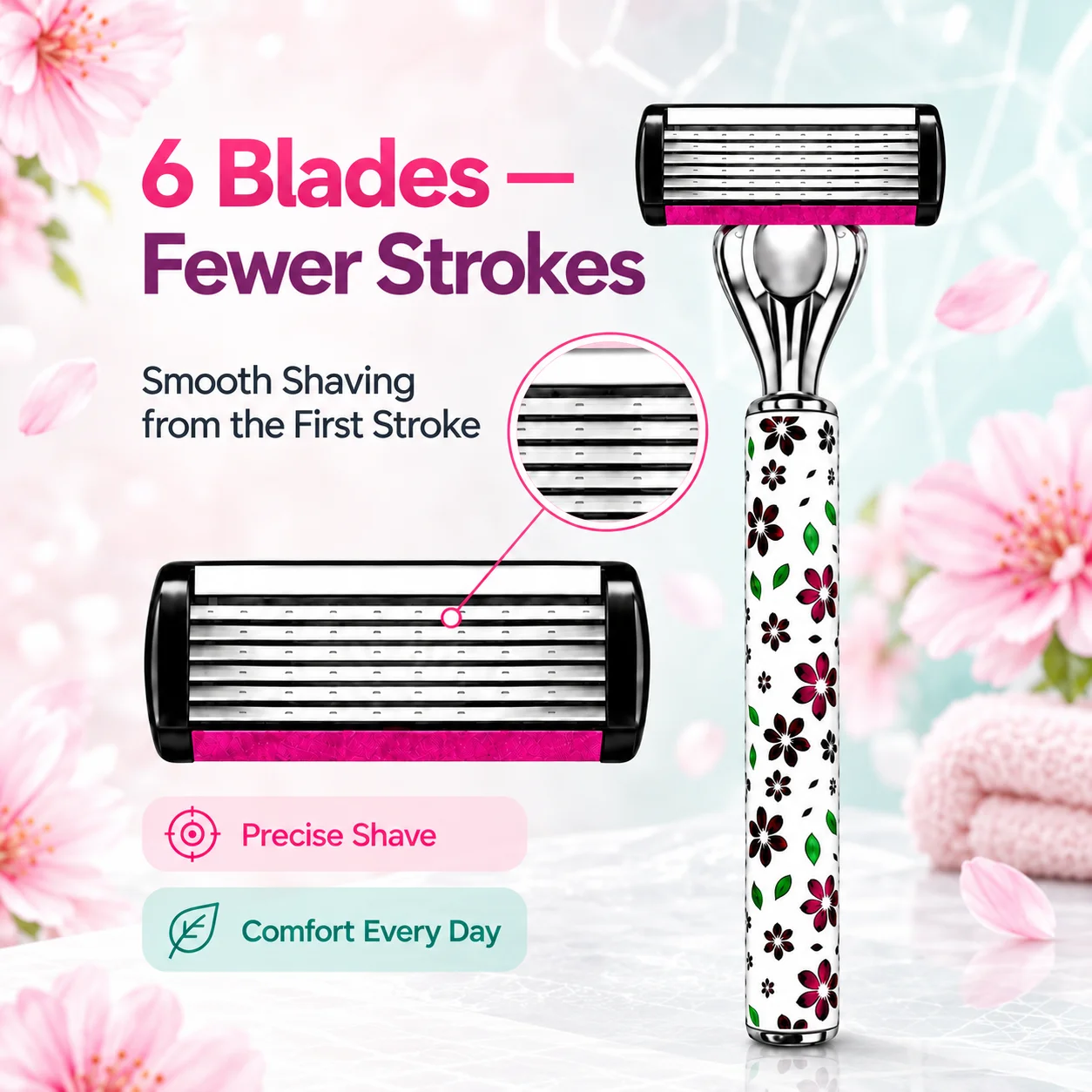 Women's 6-Blade Razor Shaver for Legs And Body with 1 Handle And 6 Replaceable Cartridges for Smooth Skin