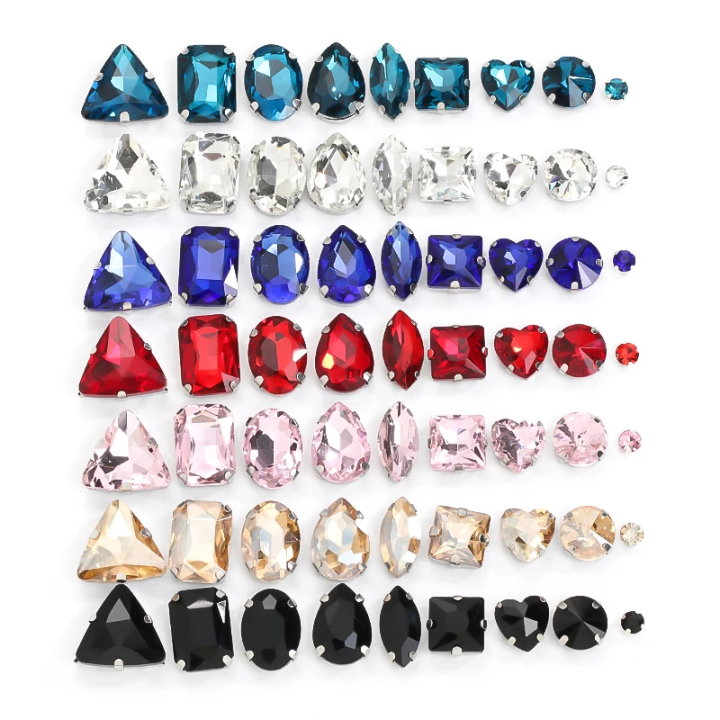 Gold Sliver Claw Setting Shape Random Mix Clear Jelly Candy AB Glass Crystal Sew On Rhinestone Wedding Dress Shoes Bags DIY Trim