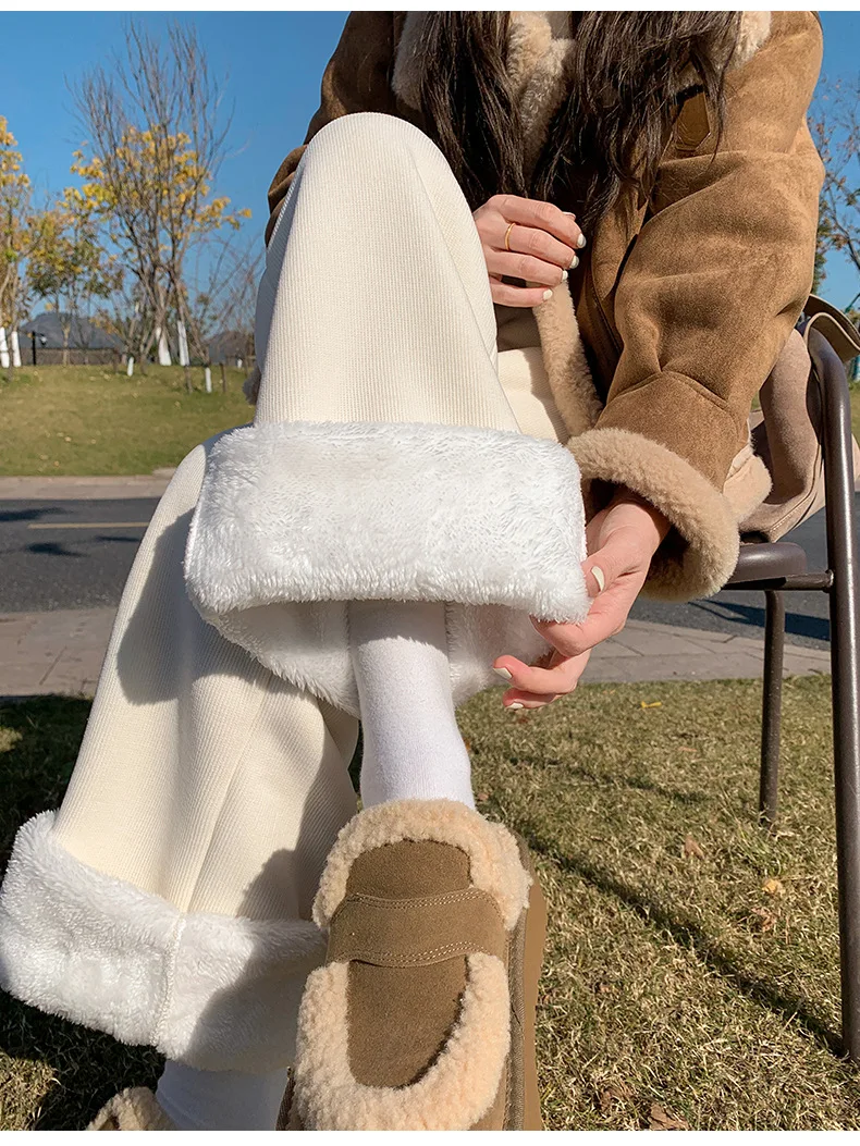 Brązowe spodnie z szerokimi nogawkami, ocieplane polarem, damskie, jesienno-zimowe, z wysokim stanem, drapowane, proste, grube, ciepłe, bawełniane P