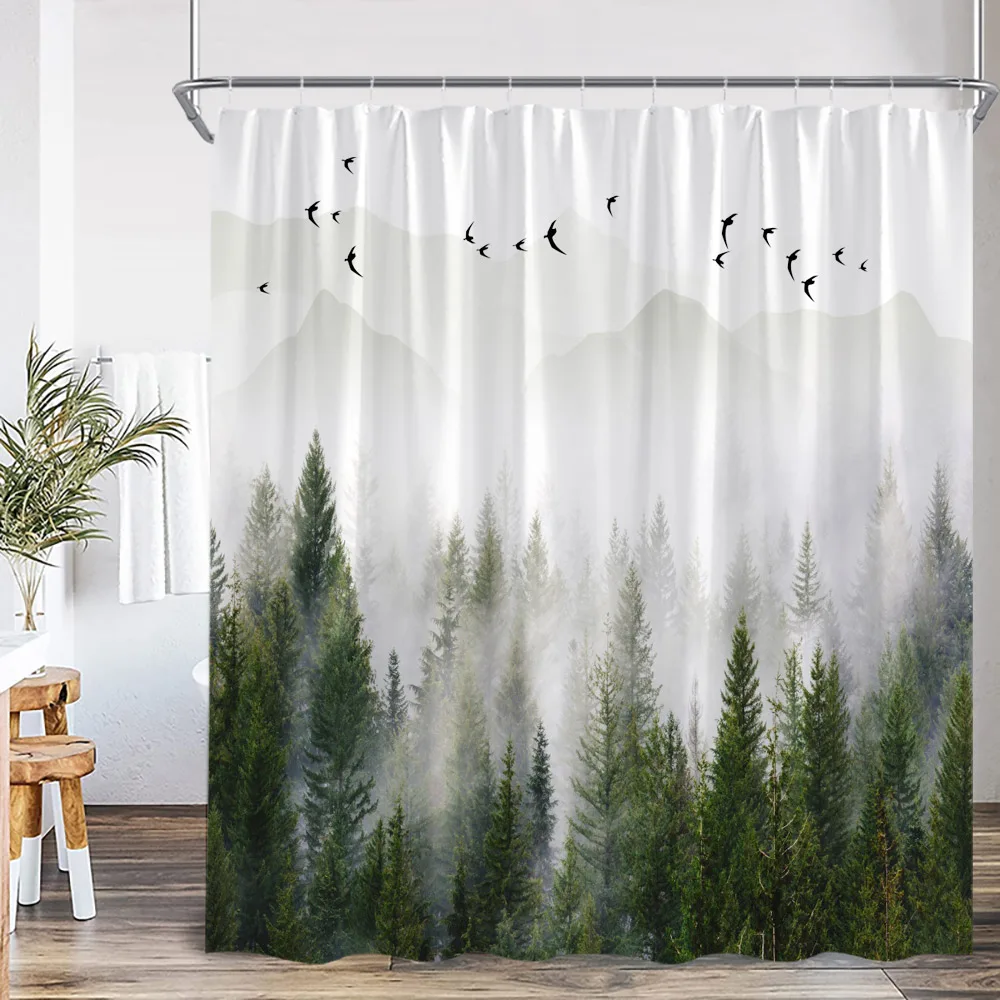 

Занавеска для душа с туманным лесом, туманное лесное облако, сосна, природа, скандинавский декор для ванной комнаты, современная минималистичная занавеска для ванны с крючком